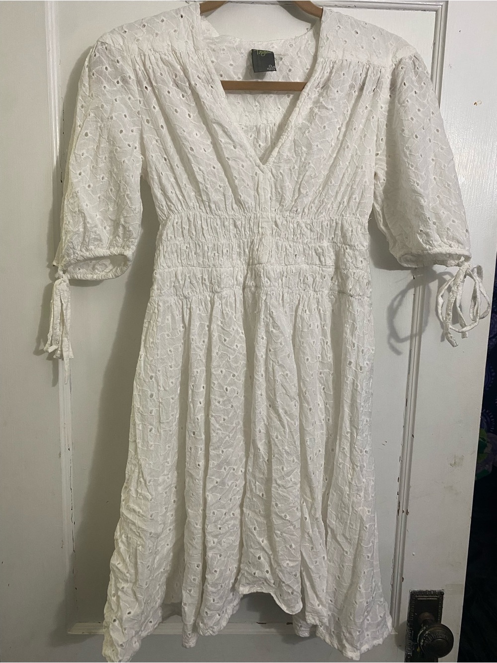 Taylor White Eyelet V-Neck Midi Dress with Tie Sleeves